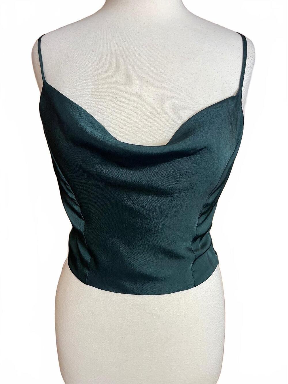 Le Lis Collection dark green satin crop cowl neck with spaghetti straps